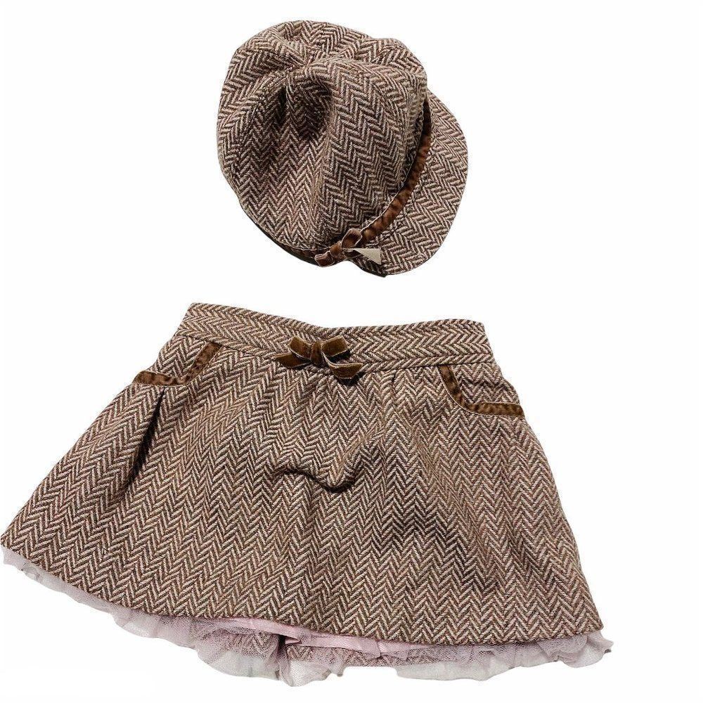 VINTAGE Herringbone Wool Blend Skirt & Newsboy Hat